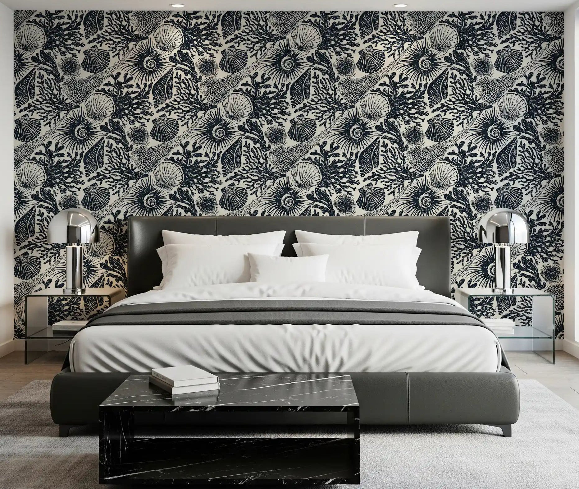 Seashell Coral wallpaper covering a bedroom feature surface in midnight navy