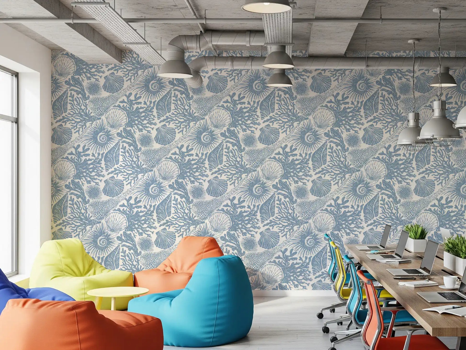 Blue and white seashell coral wallpaper lining an open-plan office workplace area 