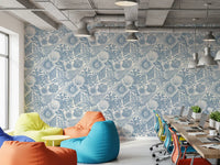 Blue and white seashell coral wallpaper lining an open-plan office workplace area 