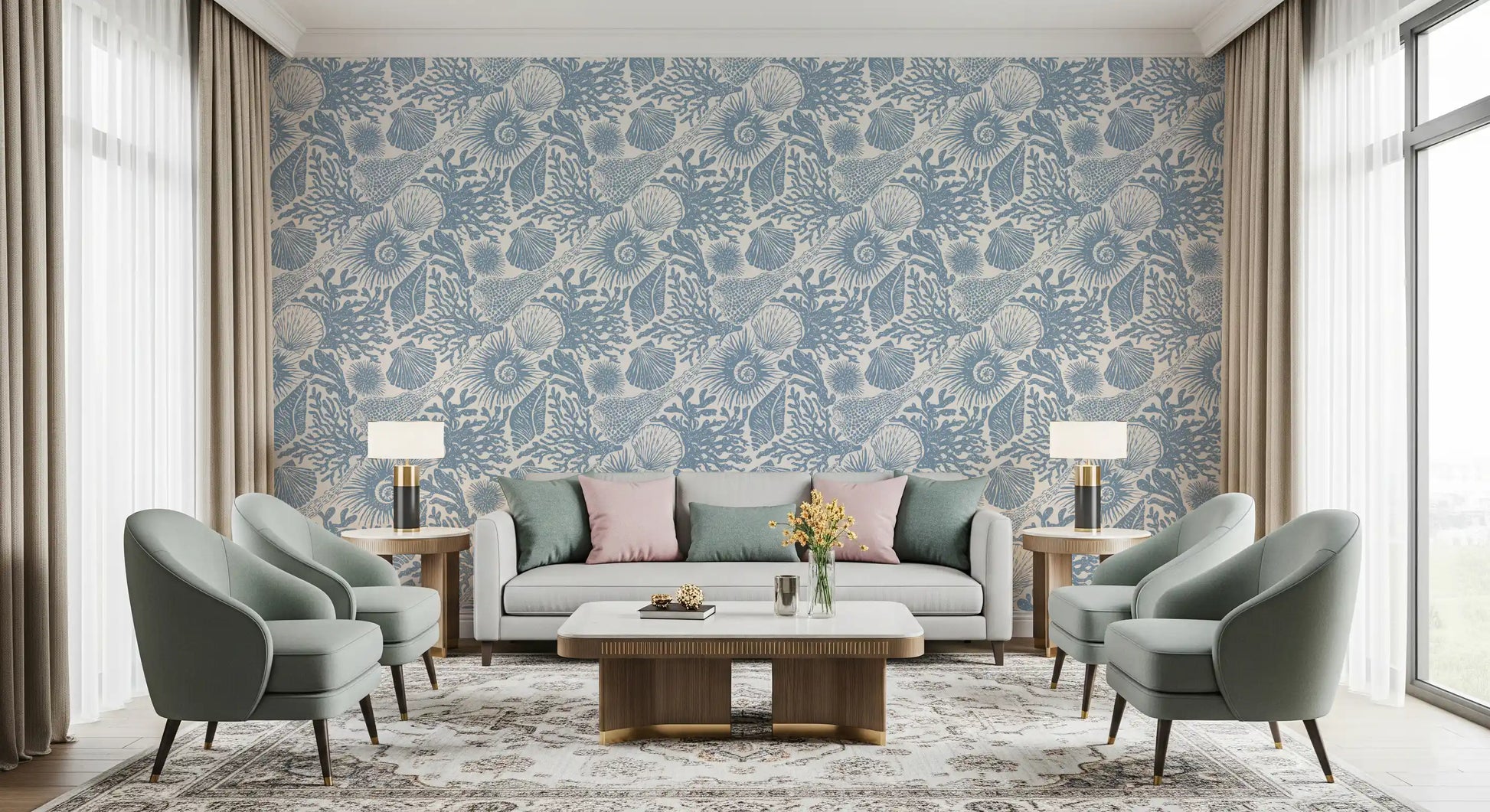 Dusty blue fan shell motifs scattered across the boho seashell wallpaper