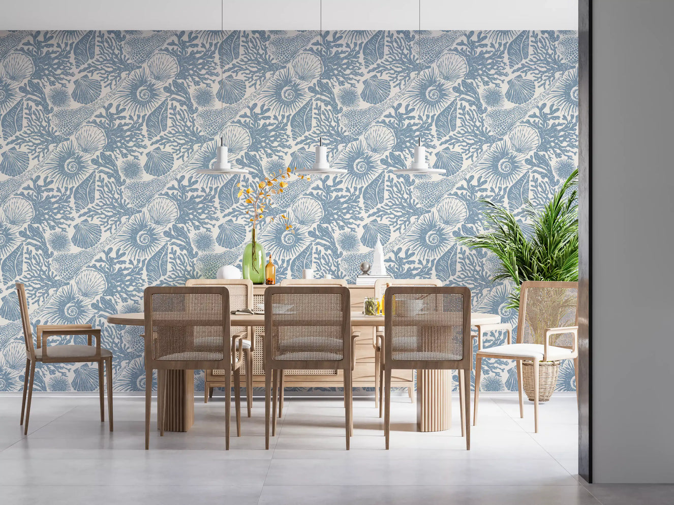 Boho Seashell & Coral Muted Blue Wallpaper⁠