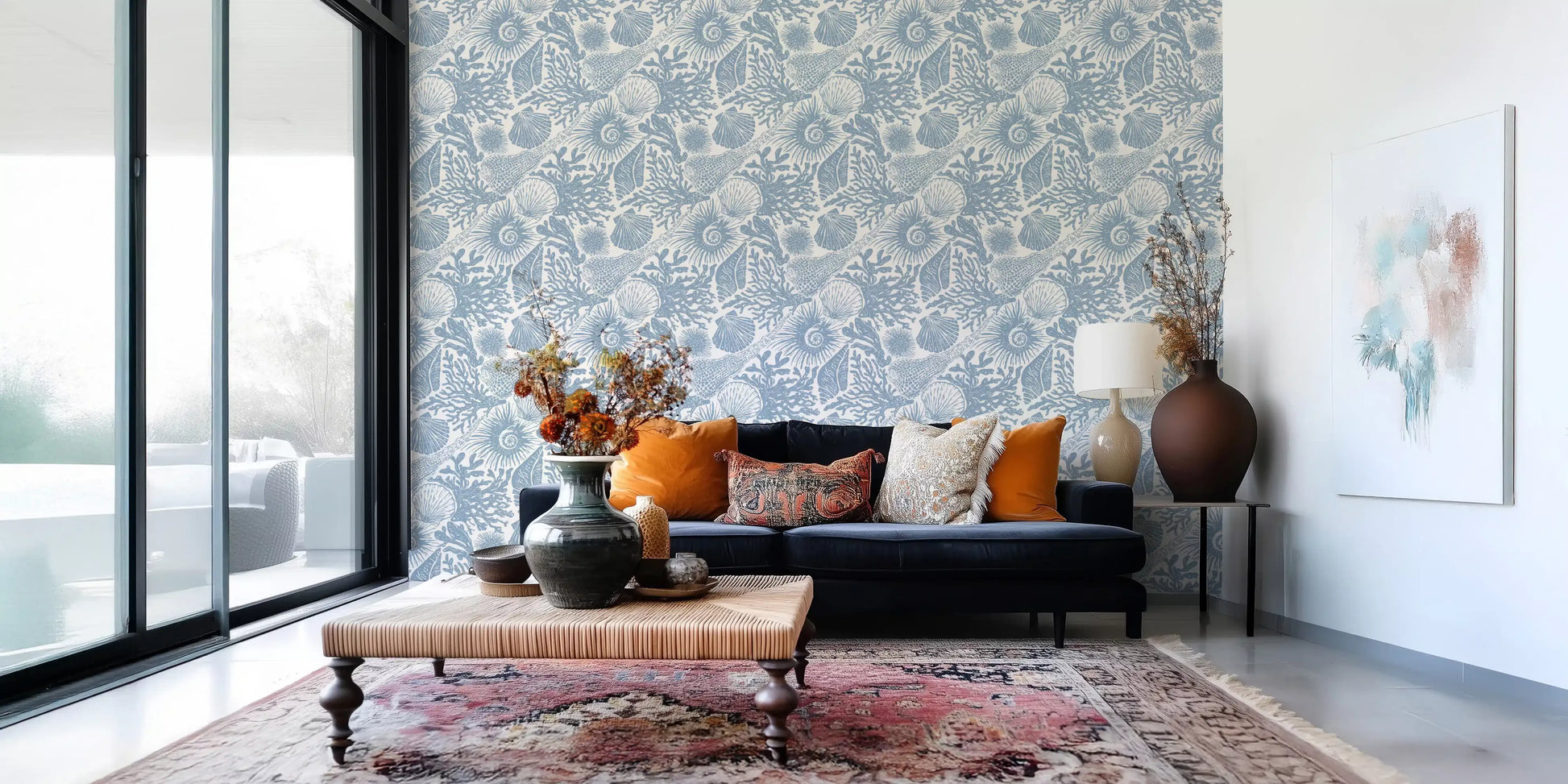 Full pattern view of the blue and white boho seashell coral wallpaper