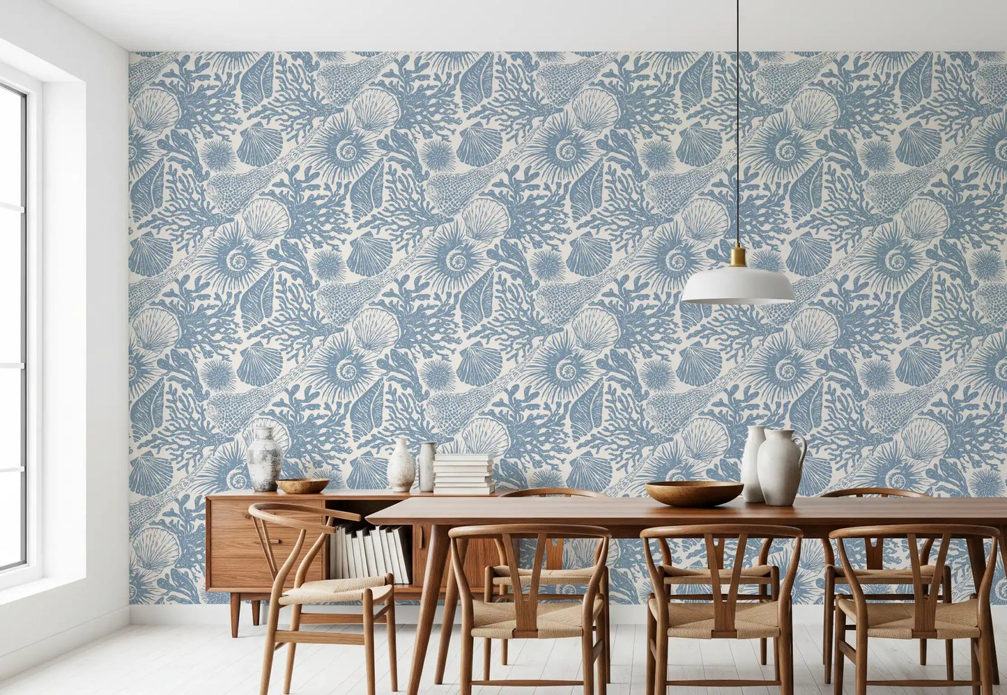 Coastal boho wallpaper with shell motifs in a bright airy Dining room
