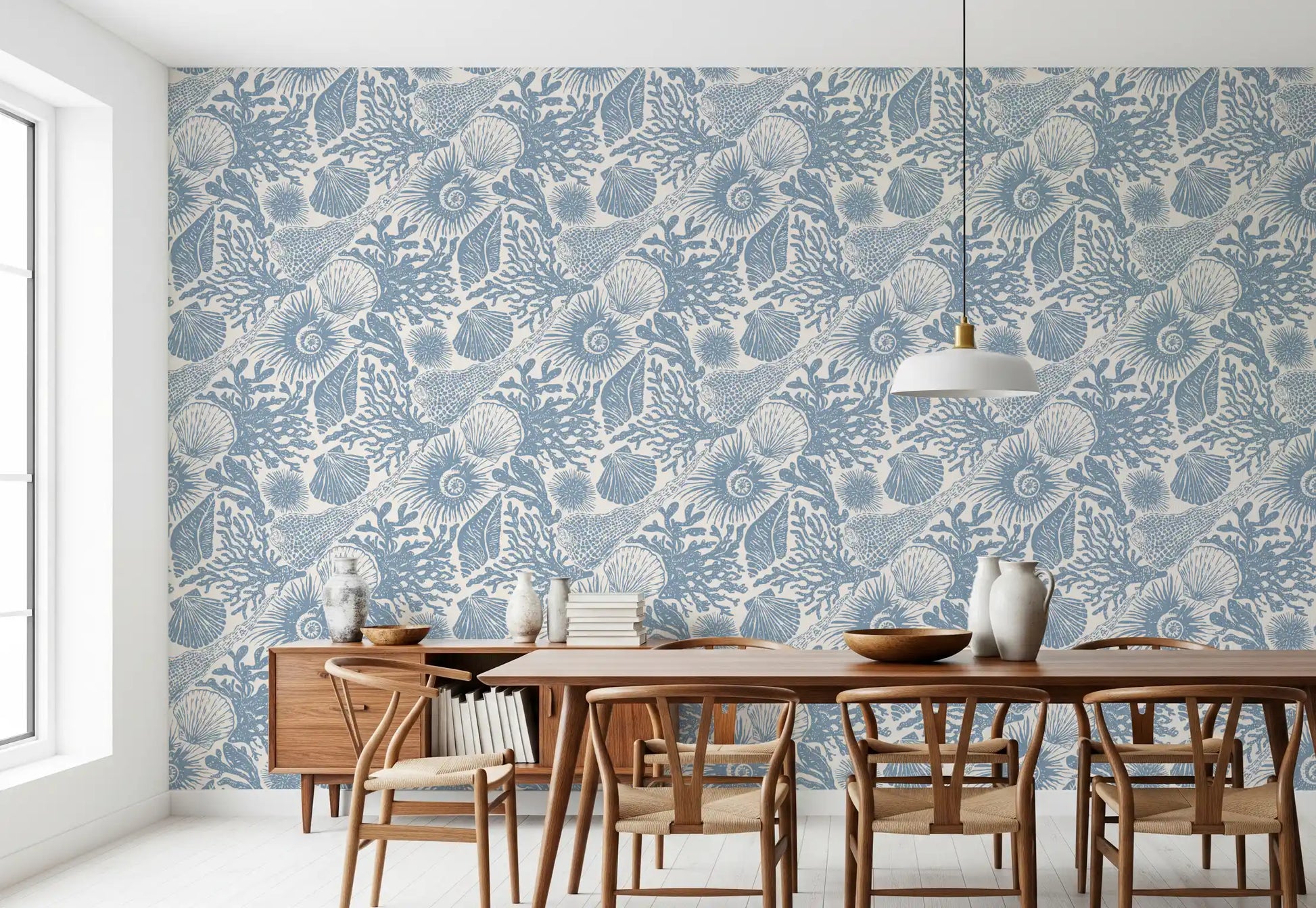 Coastal boho wallpaper with shell motifs in a bright airy Dining room
