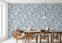 Coastal boho wallpaper with shell motifs in a bright airy Dining room
