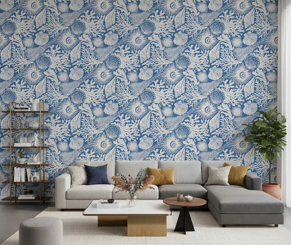 Bright denim blue boho seashell wallpaper in a contemporary living room