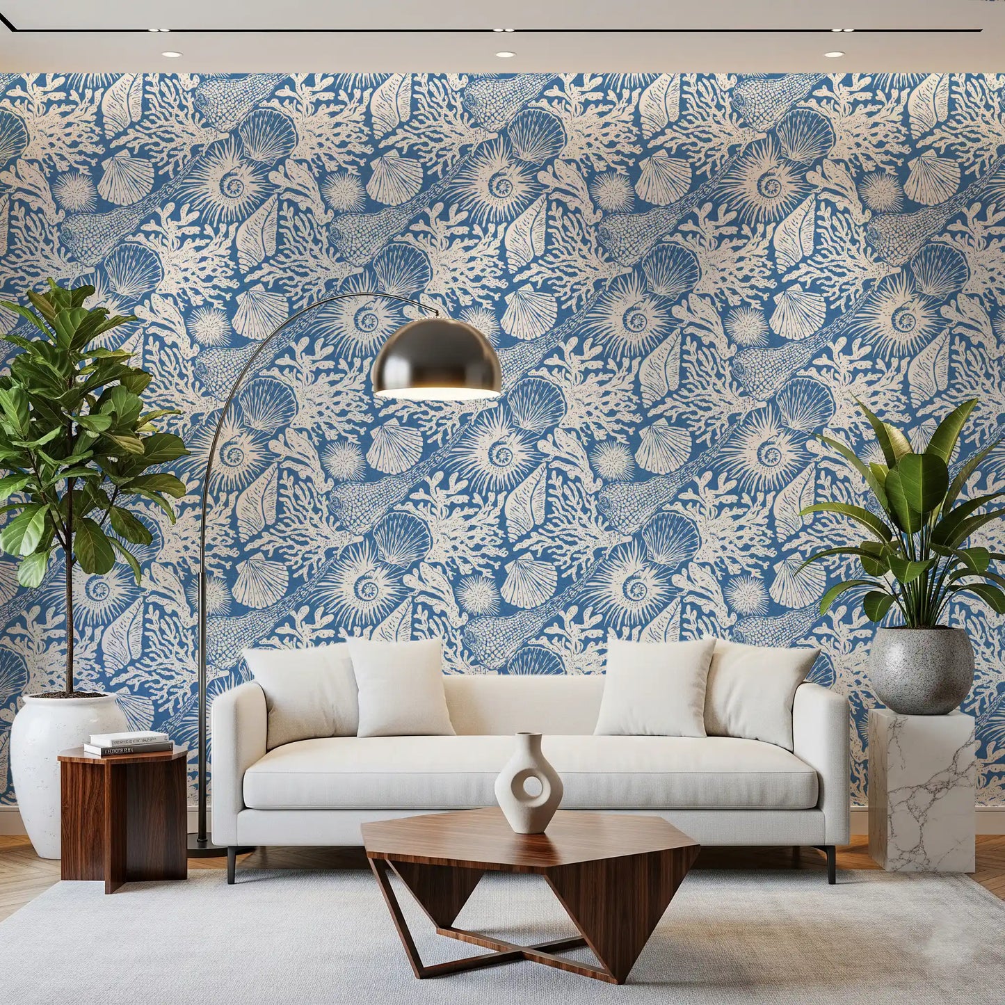Boho Seashell & Coral Denim Blue Wallpaper⁠