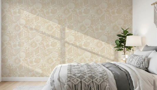 Boho Seashell Coral Sand wallpaper across a bedroom in warm beige and cream tones