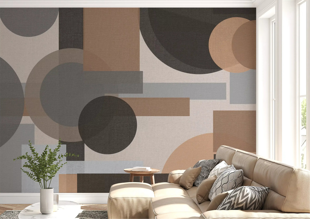 Living room wallpaper feature with Earthy Geometric Harmony abstract wall mural behind bed
