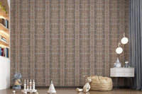 Hand-painted pebble columns on warm beige and brown organic mosaic wallpaper