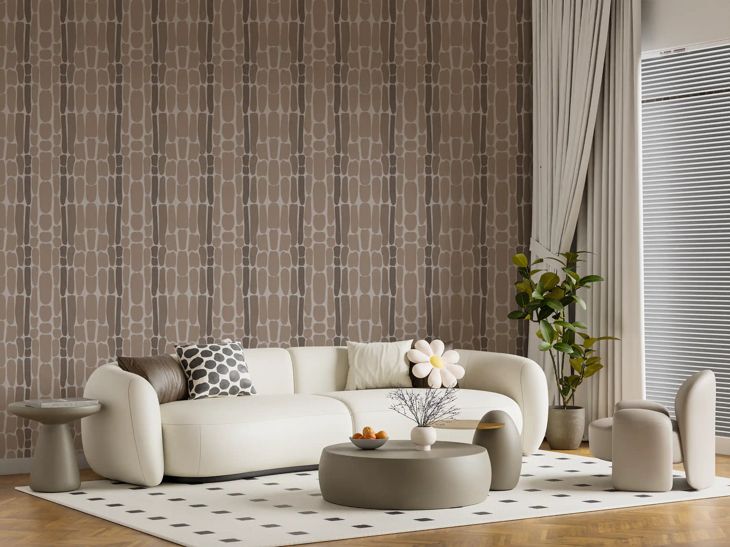 Close pattern view of stacked stone shapes on linen-textured wallpaper
