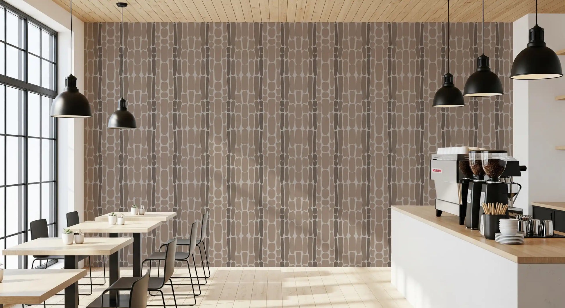 Open Café and restaurant backed by hand-painted stone mosaic wallpaper
