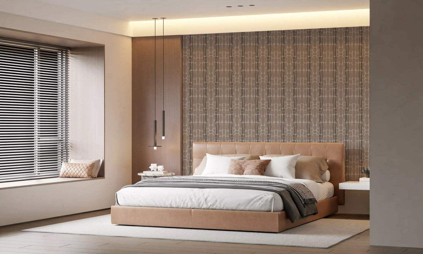 Calm bedroom feature in warm beige and walnut pebble wallpaper