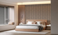 Calm bedroom feature in warm beige and walnut pebble wallpaper