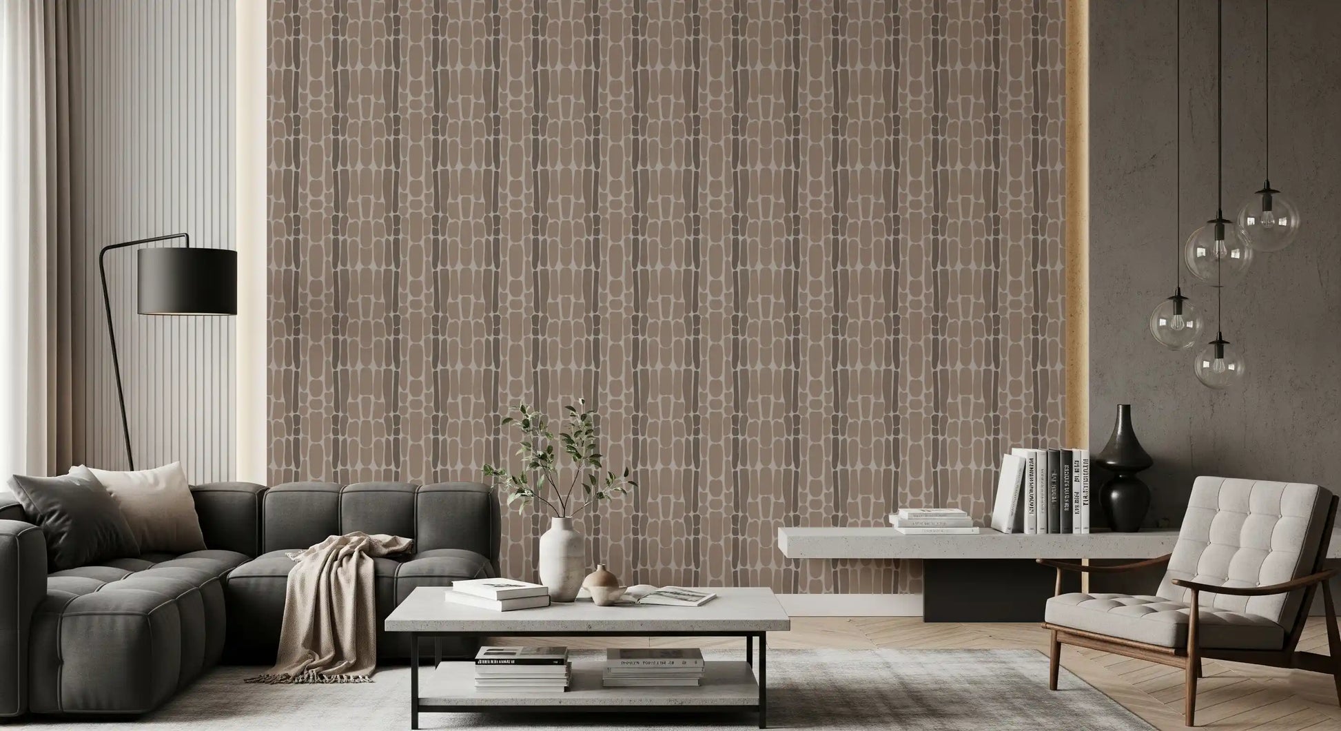 Cosy bedroom backed by earthy pebble mosaic wallpaper in soft taupe tones