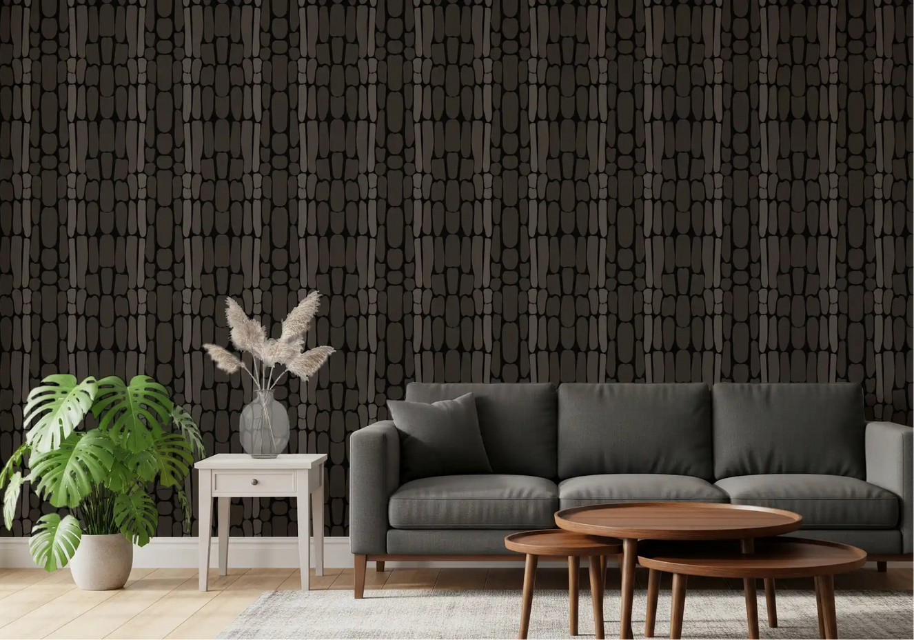 Living room paired with Black Textured Stone Shapes wallpaper in charcoal tones