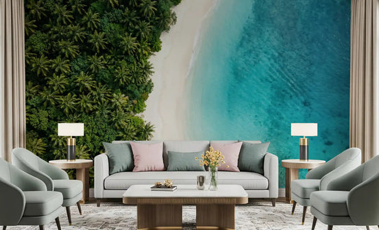 Living room tropical shoreline wall mural with turquoise water and palm canopy view