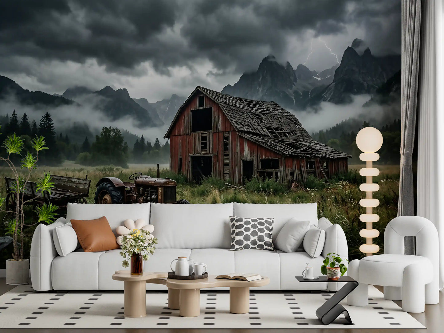 Calm living room framed by Rustic Thunder mountain storm wall mural