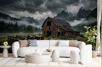 Bright living room wears moody barn and peaks landscape wall mural