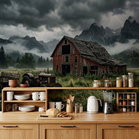 Kitchen set against weathered barn and thunder peaks wall mural