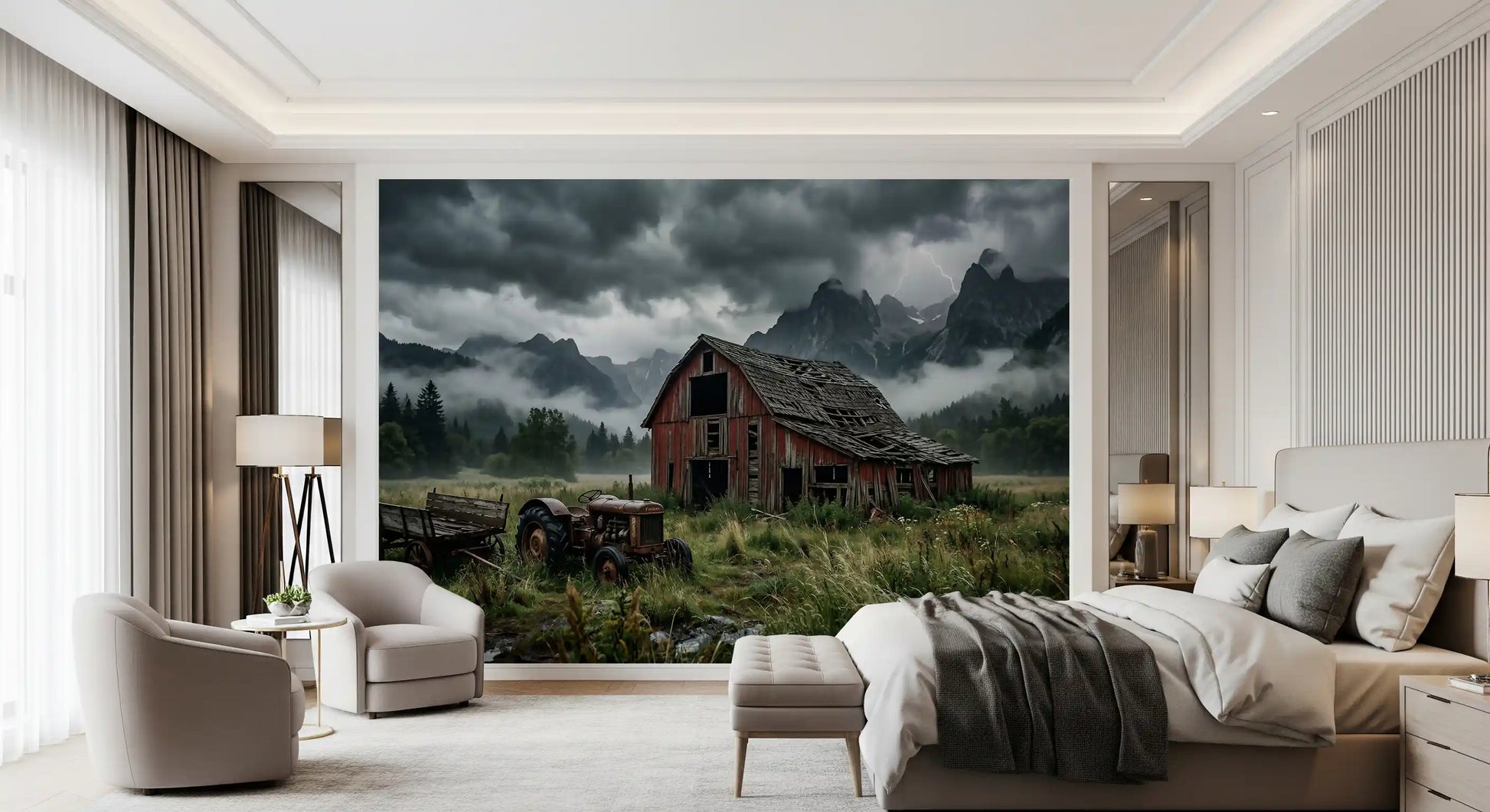 Bedroom holding moody mountain barn landscape wall mural