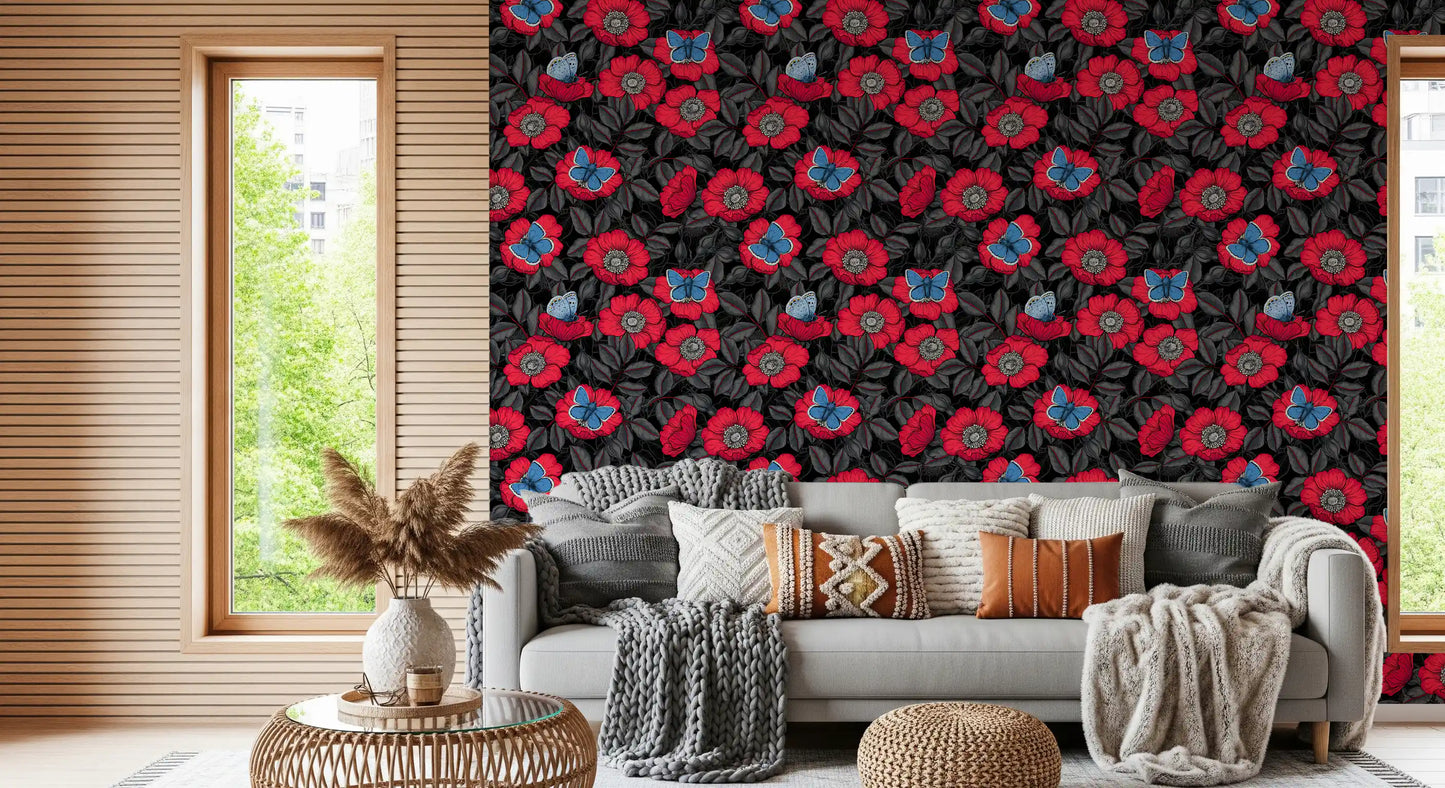 Dog Rose and Butterflies – Red and Blue Floral Colored Line Art on Red Background Wallpaper⁠