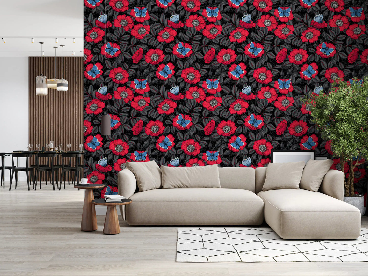 Dog Rose and Butterflies – Red and Blue Floral Colored Line Art on Red Background Wallpaper⁠