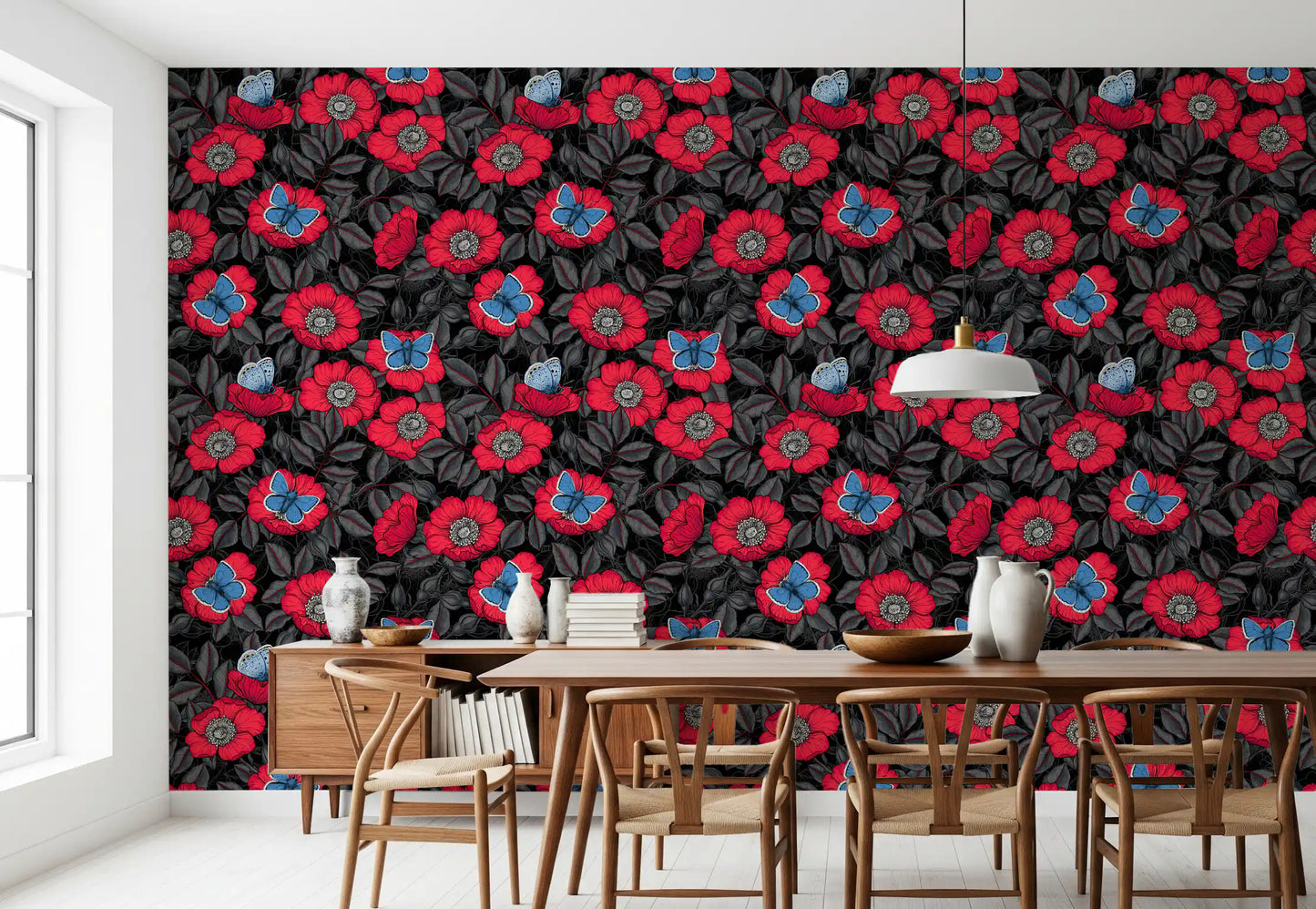 Dog Rose and Butterflies – Red and Blue Floral Colored Line Art on Red Background Wallpaper⁠