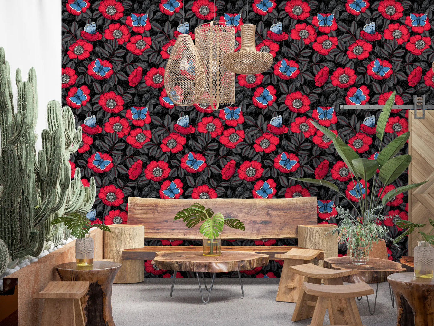 Dog Rose and Butterflies – Red and Blue Floral Colored Line Art on Red Background Wallpaper⁠