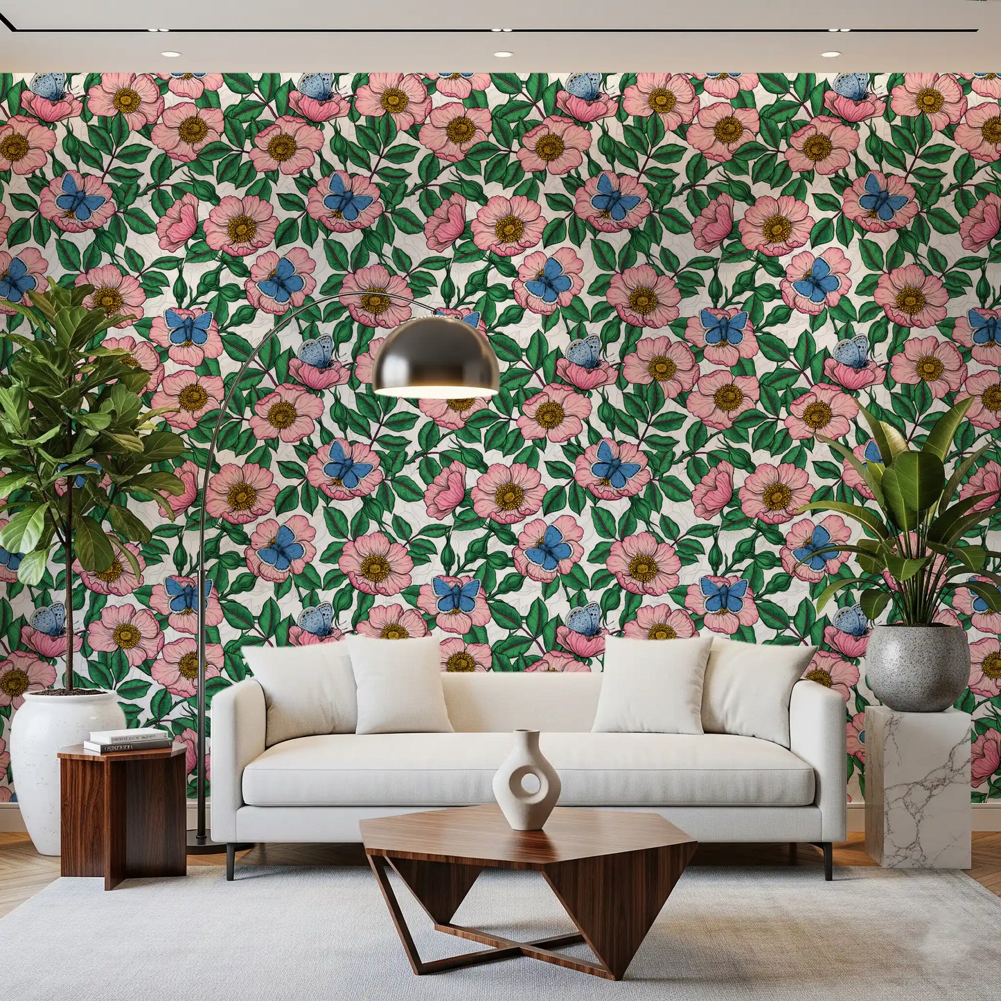 Dog Rose and Butterflies – Pink Green and Blue Floral Colored Line Art on White Background Wallpaper⁠