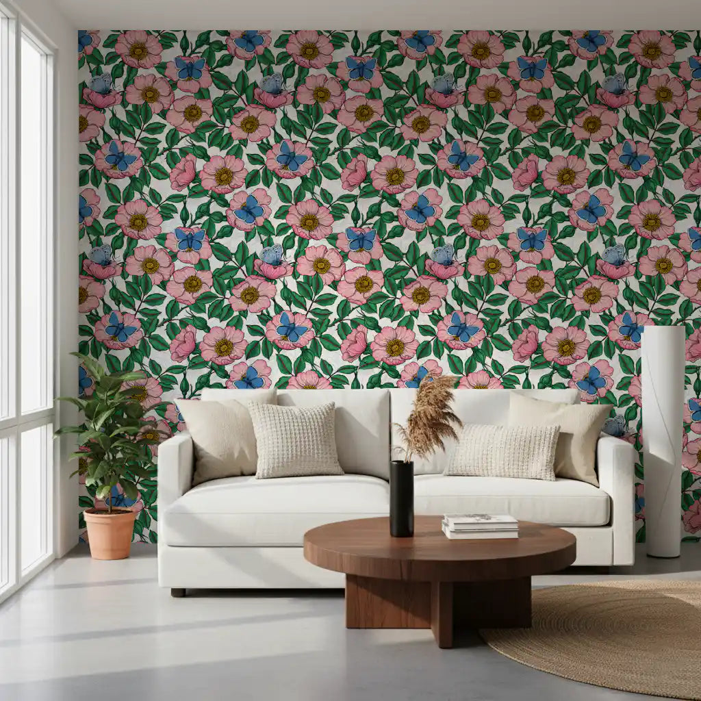 Dog Rose and Butterflies – Pink Green and Blue Floral Colored Line Art on White Background Wallpaper⁠