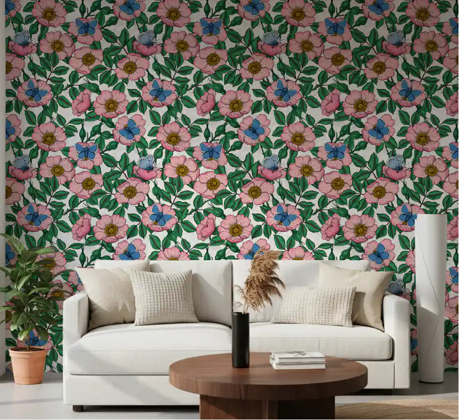 Living room paired with Dog Rose Butterflies floral wallpaper in pink and green
