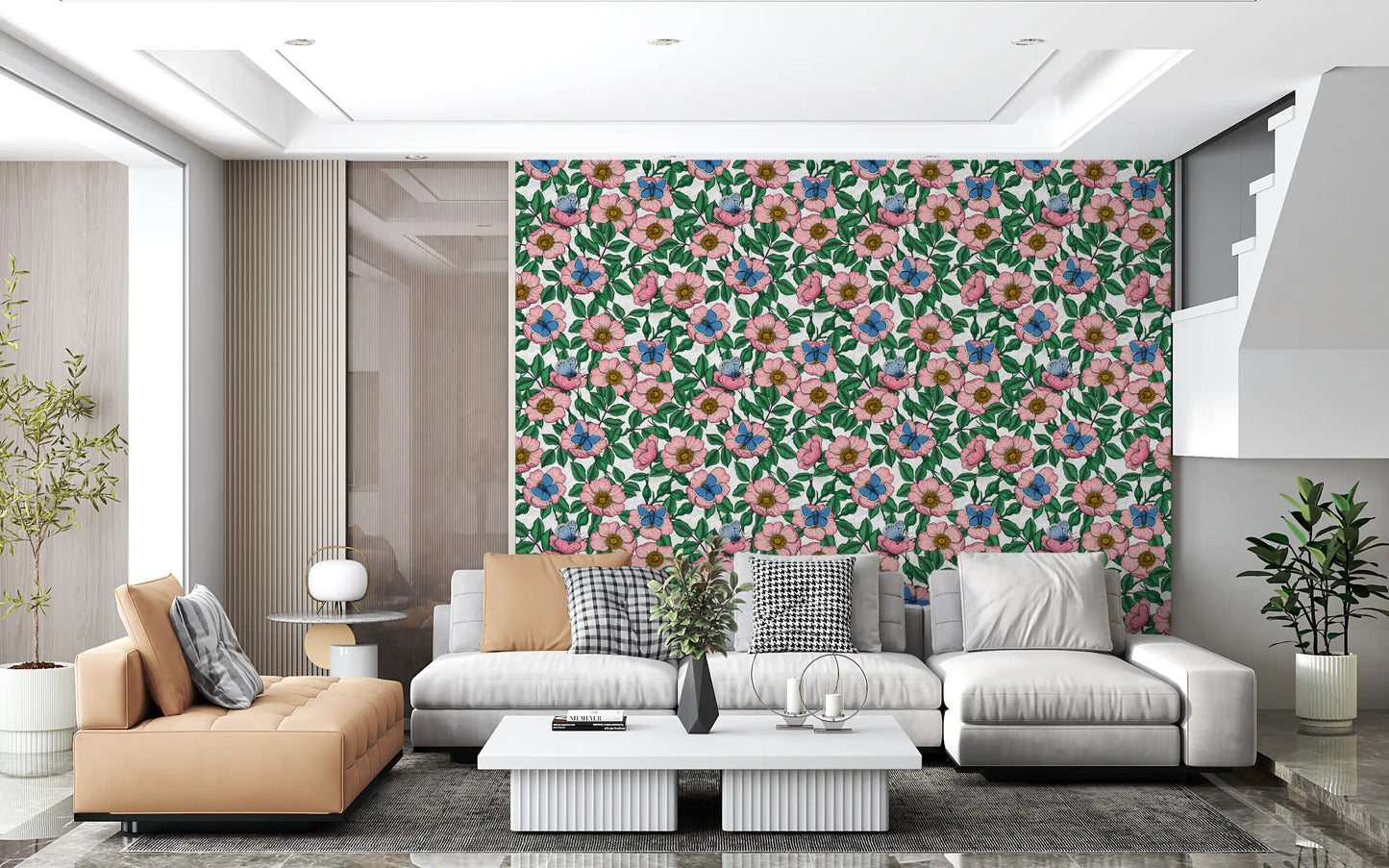 Dog Rose and Butterflies – Pink Green and Blue Floral Colored Line Art on White Background Wallpaper⁠
