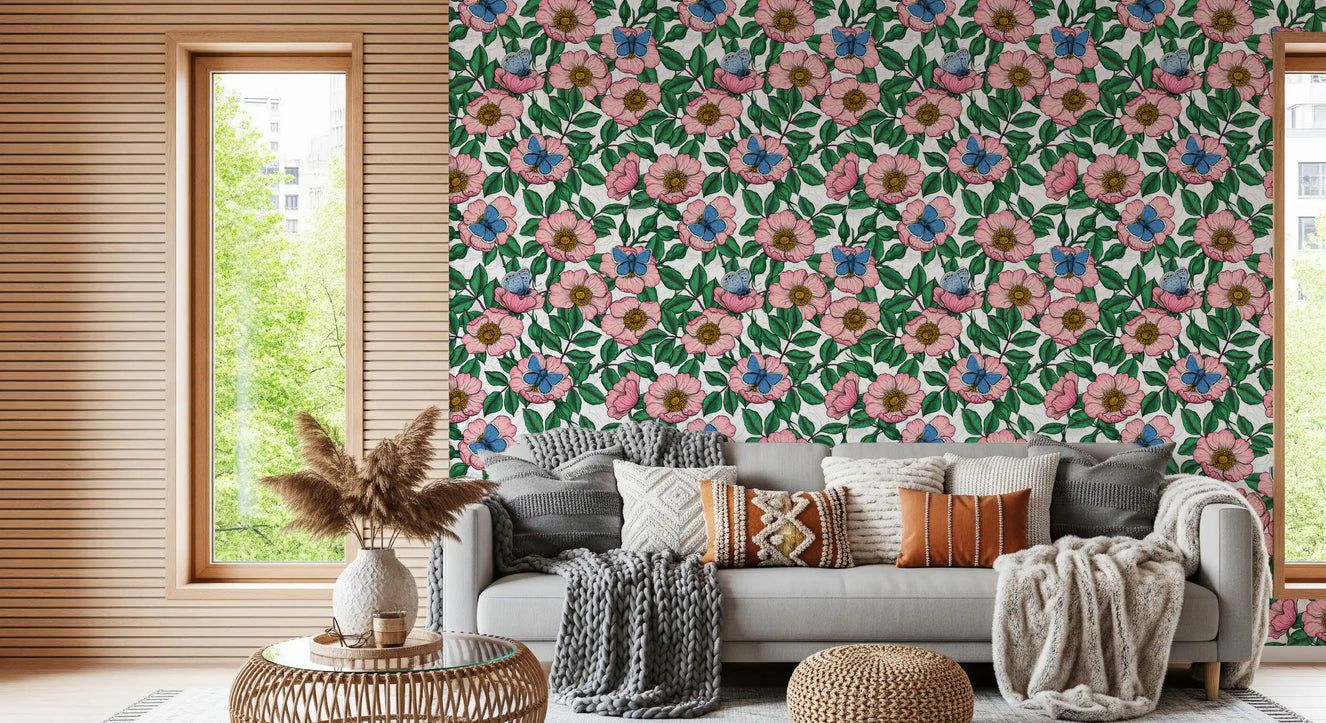 Dog Rose and Butterflies – Pink Green and Blue Floral Colored Line Art on White Background Wallpaper⁠