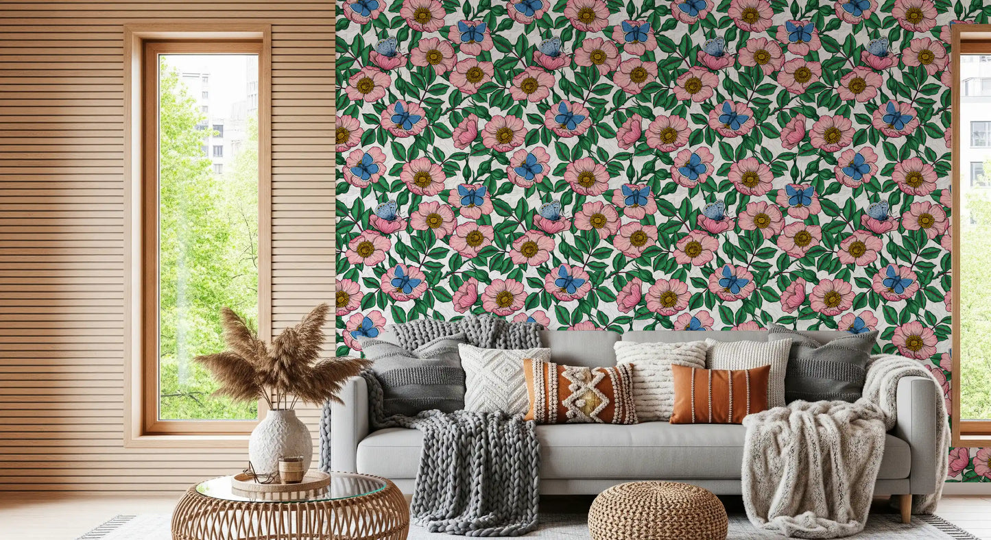 Dog Rose and Butterflies – Pink Green and Blue Floral Colored Line Art on White Background Wallpaper⁠
