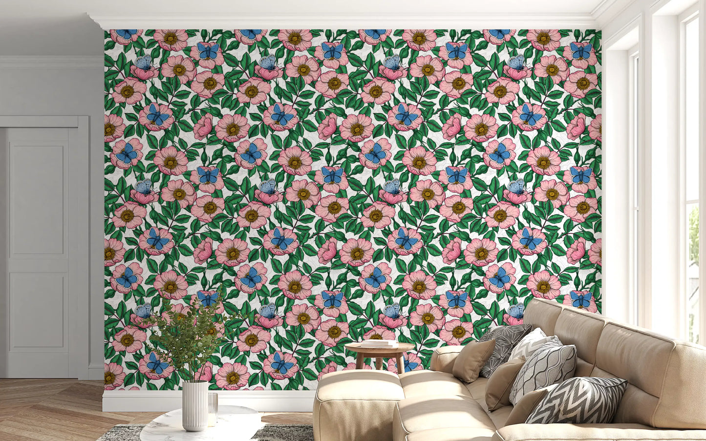 Dog Rose and Butterflies – Pink Green and Blue Floral Colored Line Art on White Background Wallpaper⁠