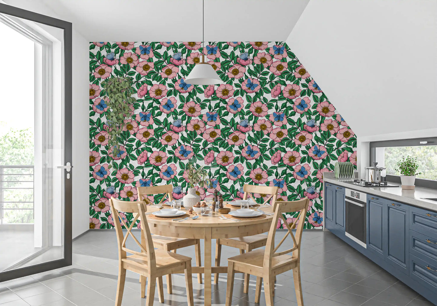 Dog Rose and Butterflies – Pink Green and Blue Floral Colored Line Art on White Background Wallpaper⁠