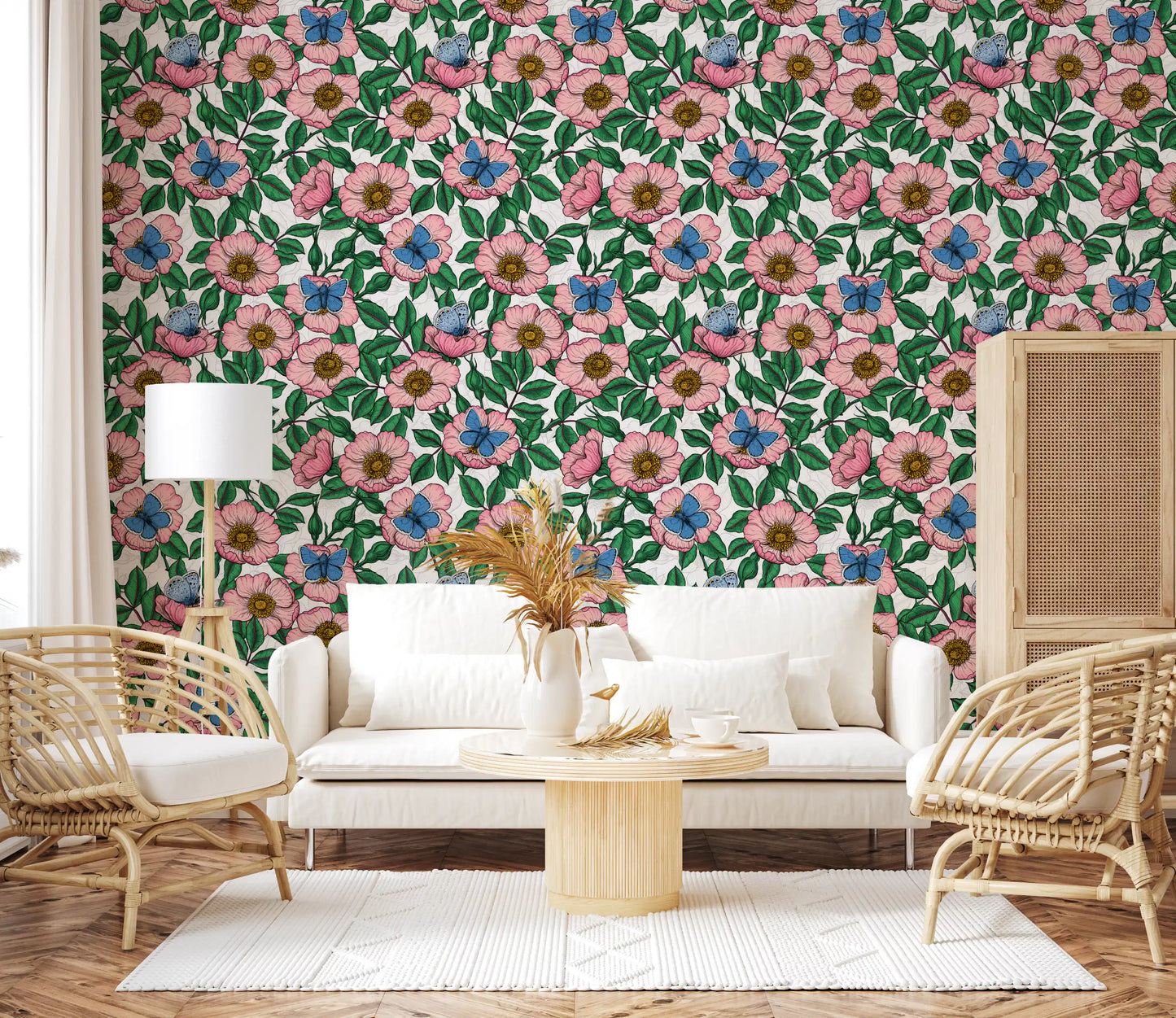 Dog Rose and Butterflies – Pink Green and Blue Floral Colored Line Art on White Background Wallpaper⁠