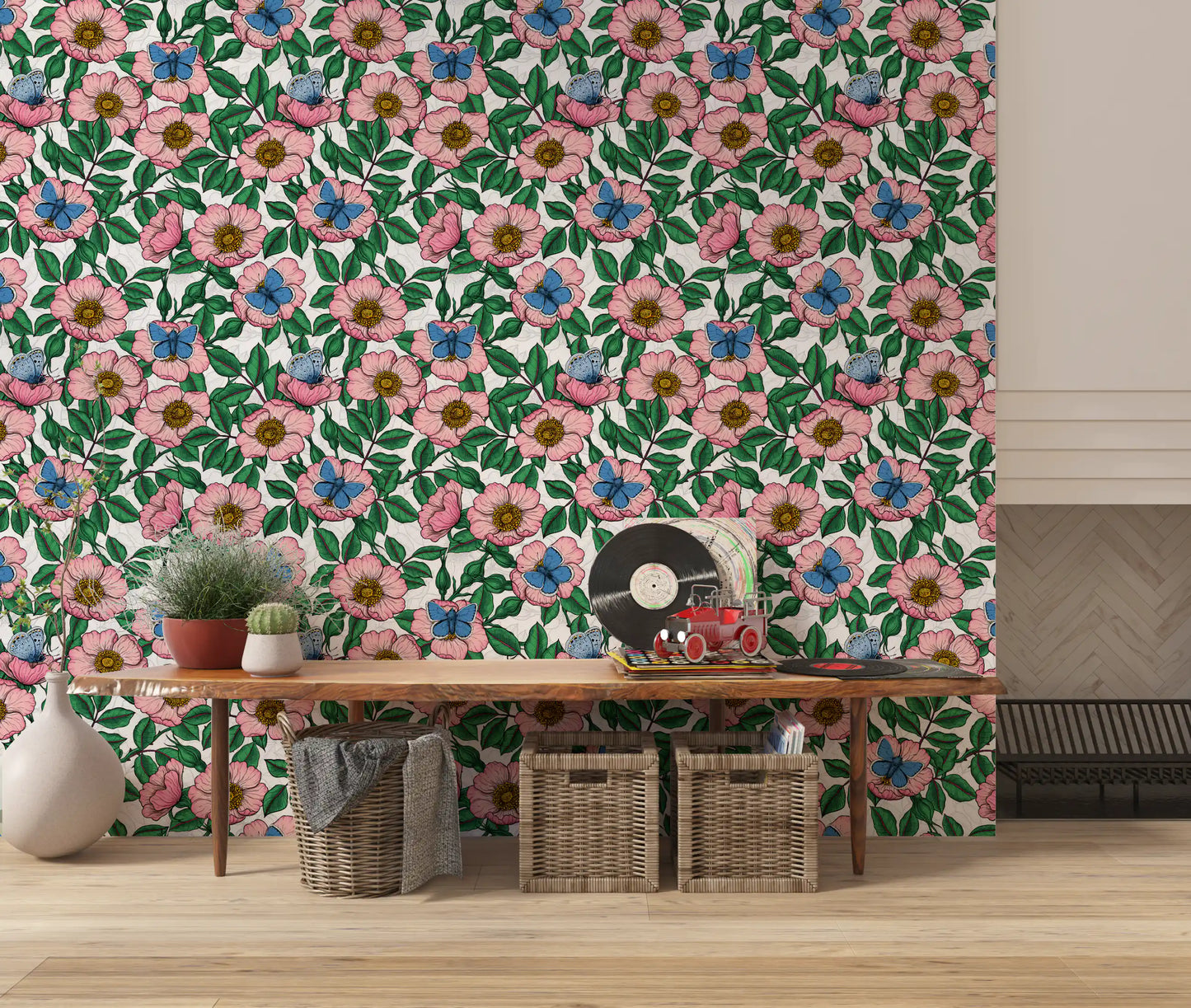 Dog Rose and Butterflies – Pink Green and Blue Floral Colored Line Art on White Background Wallpaper⁠