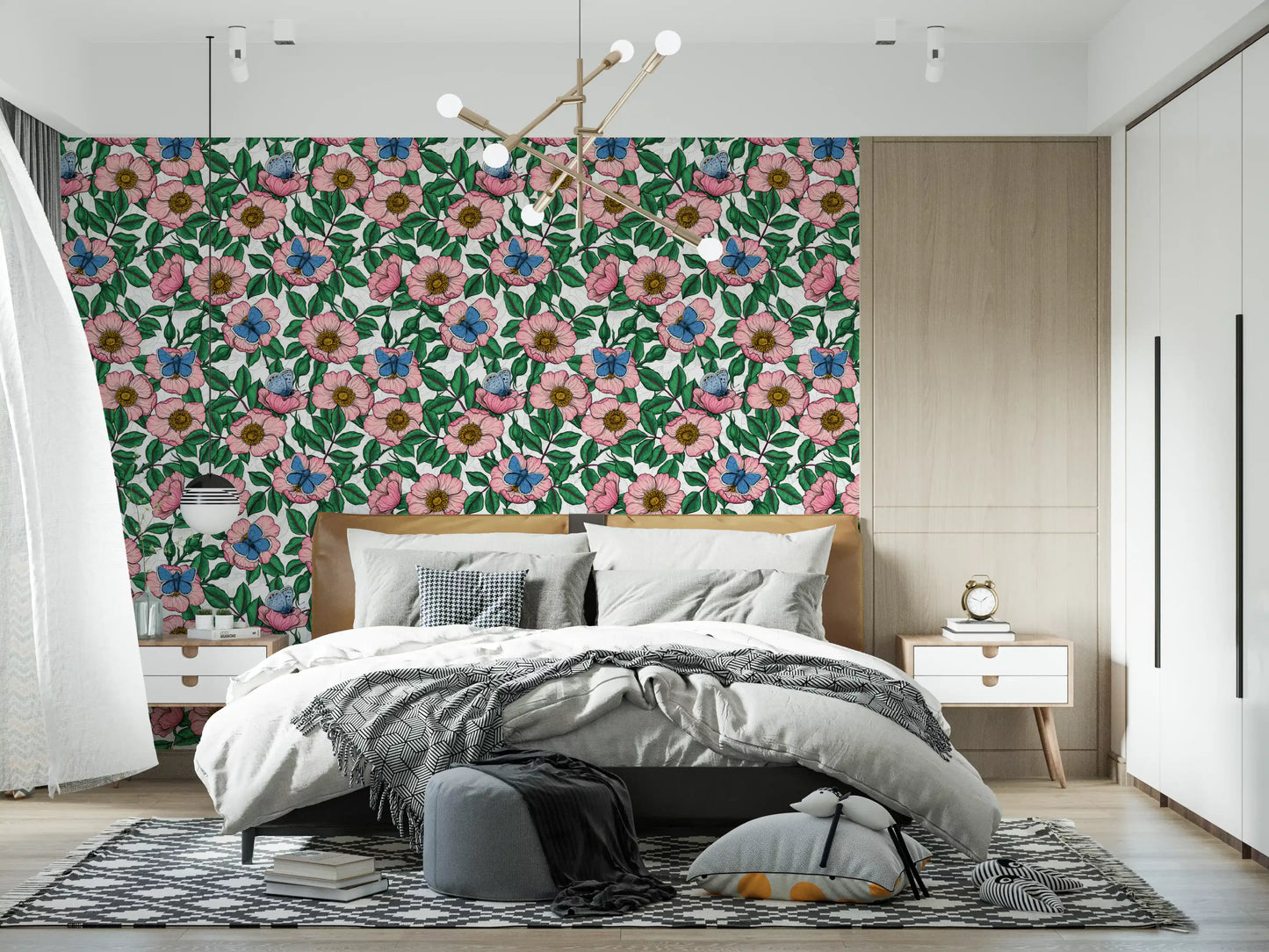 Dog Rose and Butterflies – Pink Green and Blue Floral Colored Line Art on White Background Wallpaper⁠