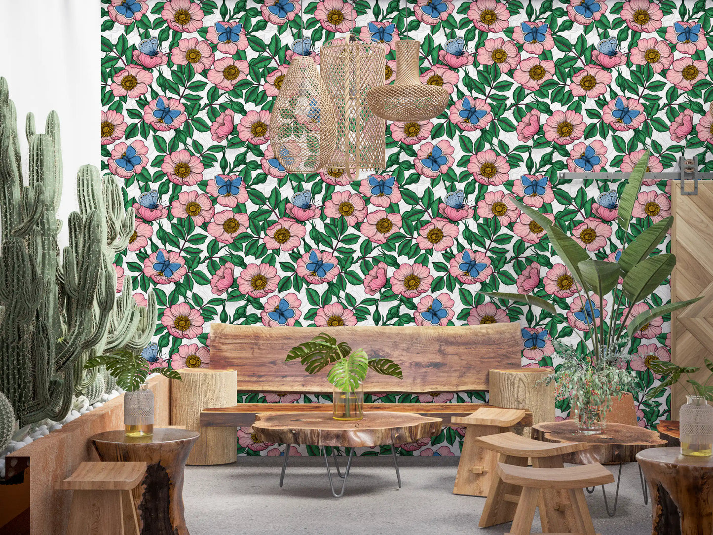 Dog Rose and Butterflies – Pink Green and Blue Floral Colored Line Art on White Background Wallpaper⁠