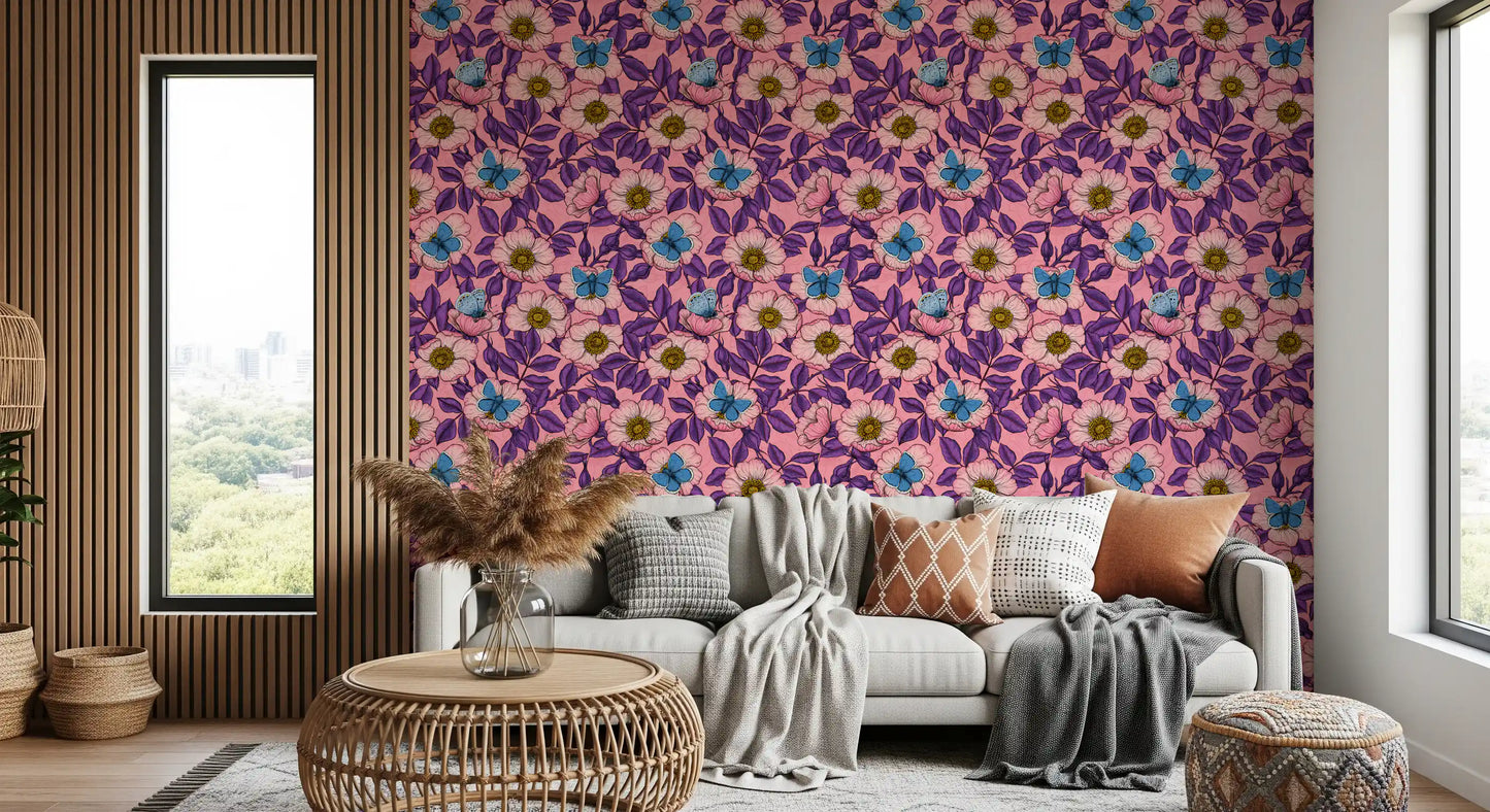 Dog Rose and Butterflies – Pink and Purple Floral Colored Line Art on pink Background Wallpaper⁠
