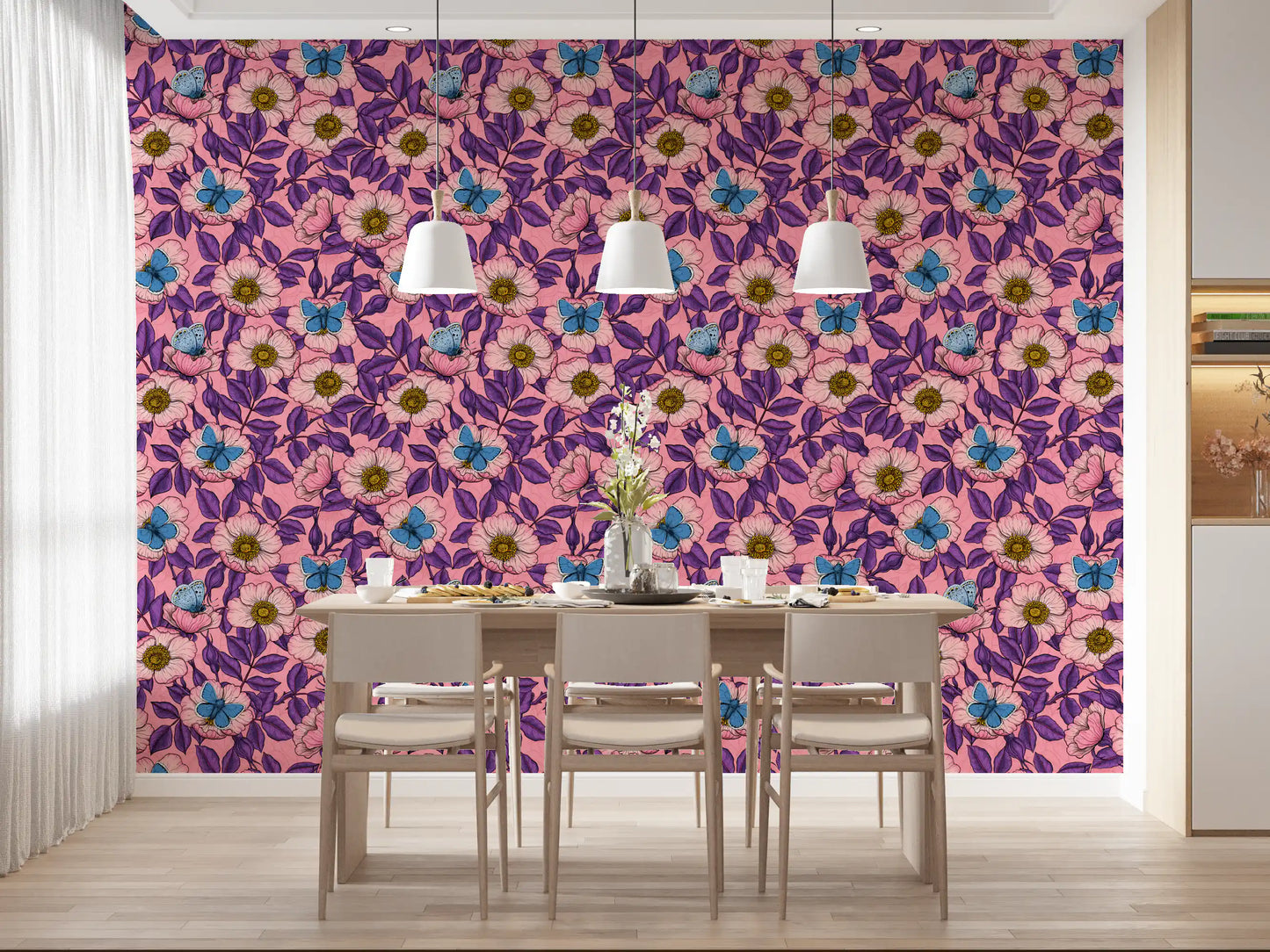 Dog Rose and Butterflies – Pink and Purple Floral Colored Line Art on pink Background Wallpaper⁠
