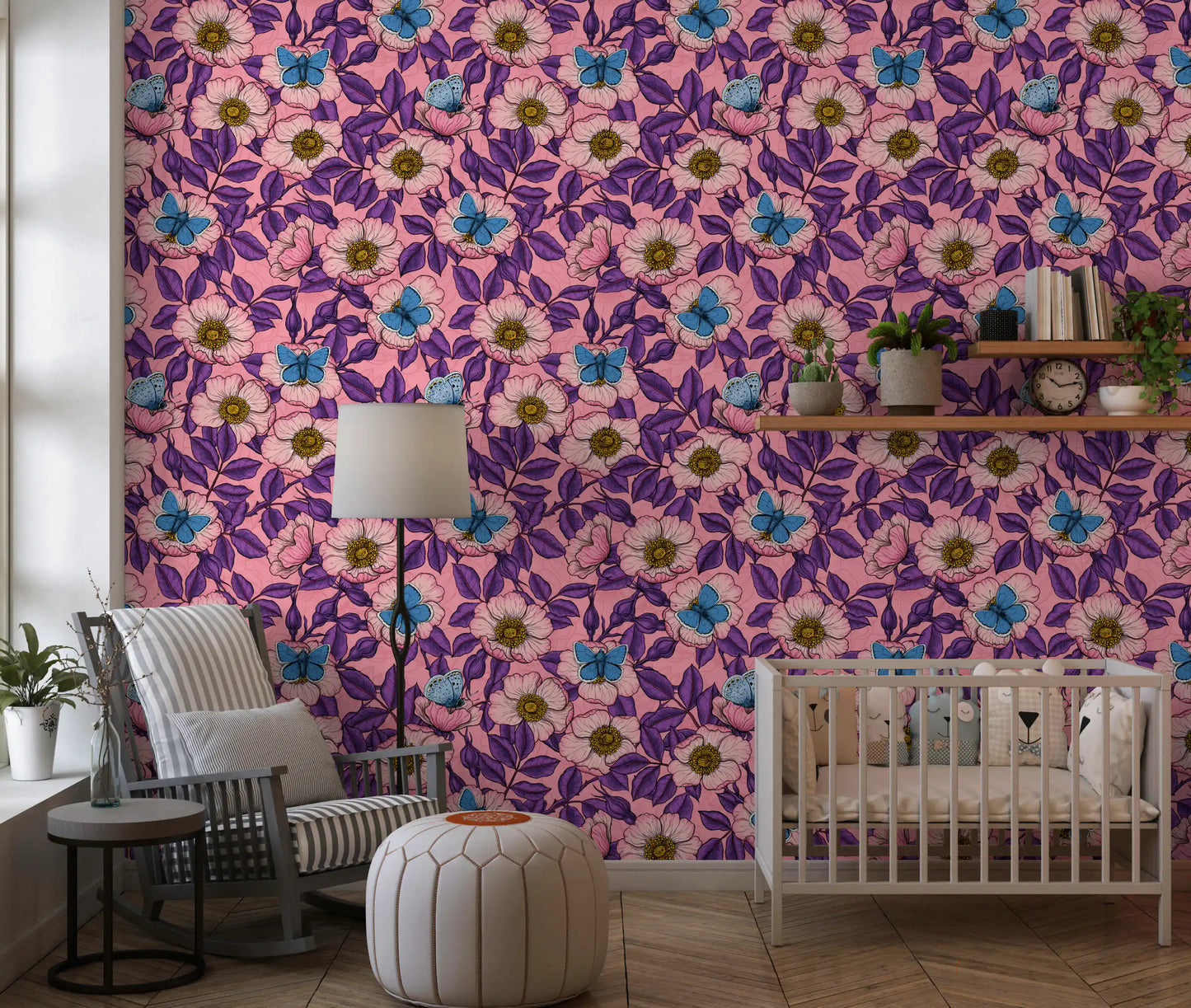 Dog Rose and Butterflies – Pink and Purple Floral Colored Line Art on pink Background Wallpaper⁠