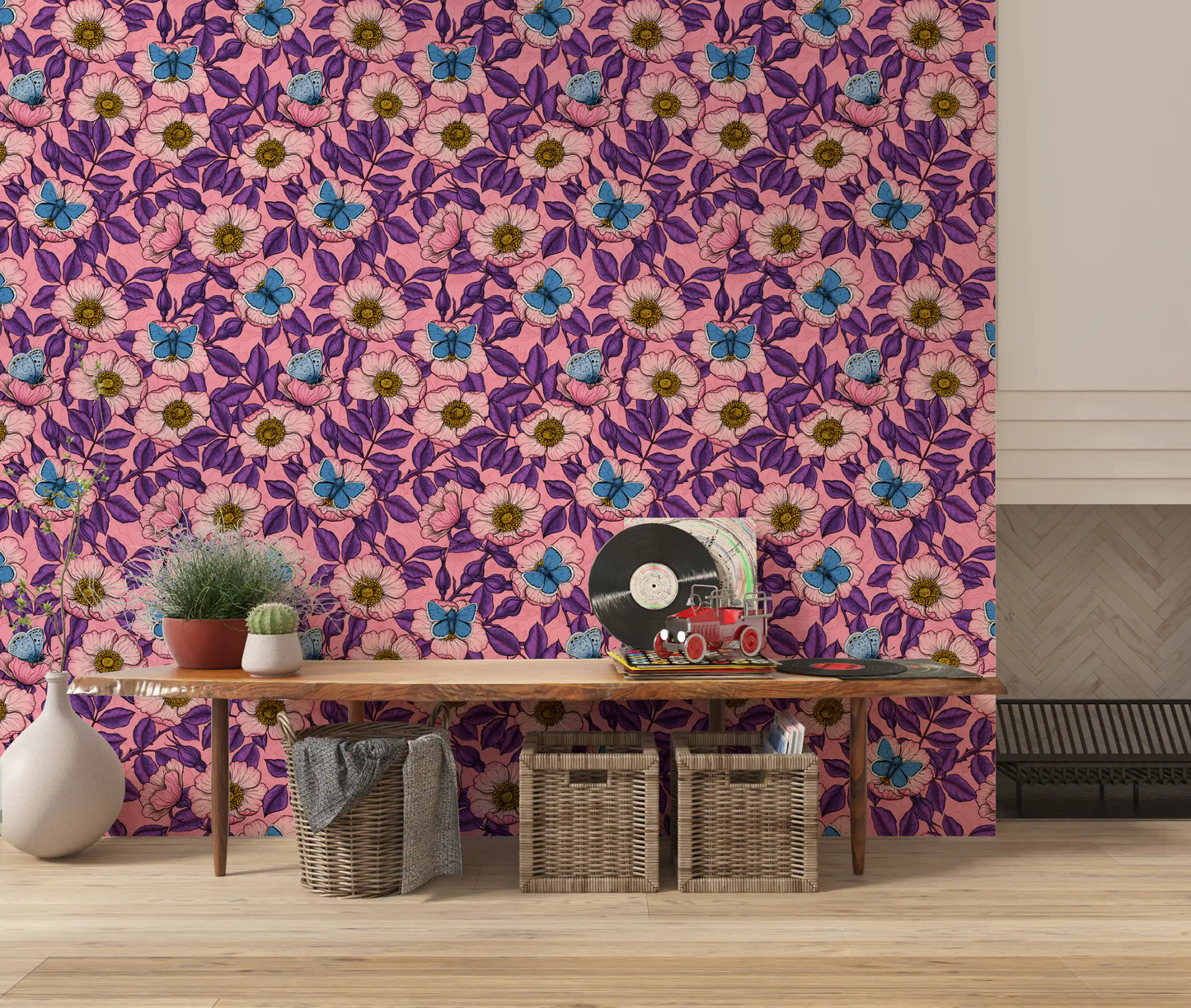 Dog Rose and Butterflies – Pink and Purple Floral Colored Line Art on pink Background Wallpaper⁠