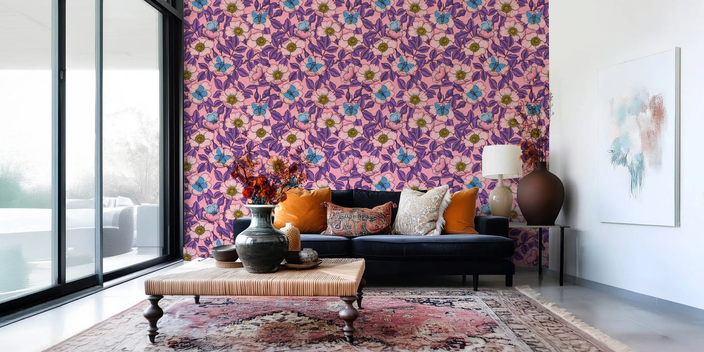 Dog Rose and Butterflies – Pink and Purple Floral Colored Line Art on pink Background Wallpaper⁠