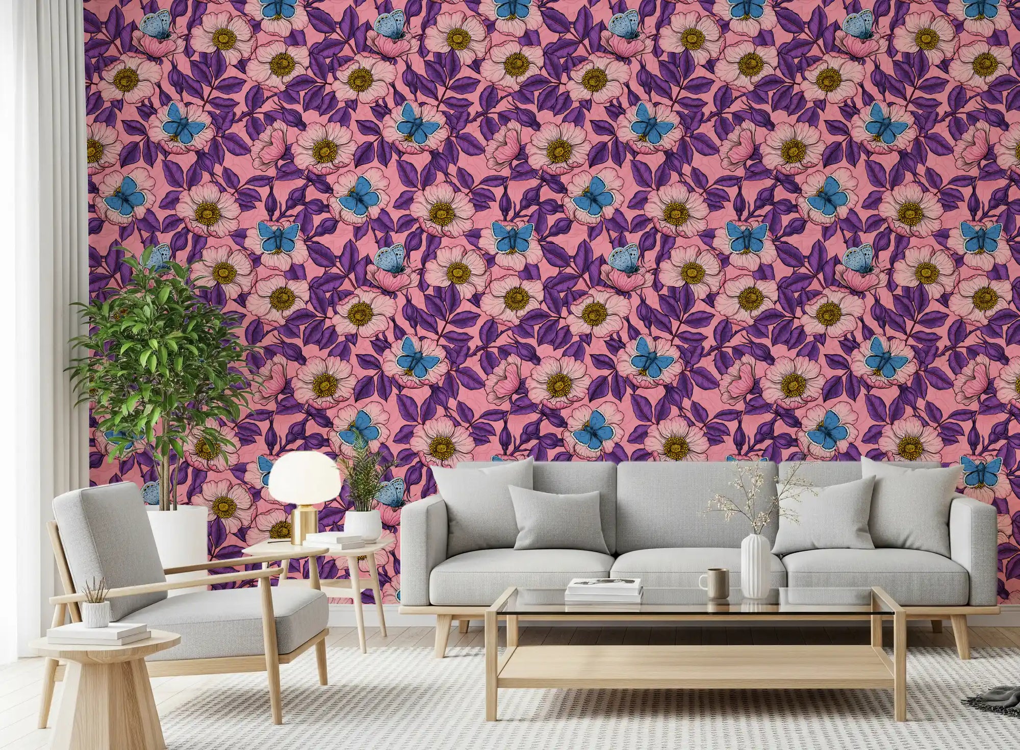 Pink and purple dog rose butterfly wallpaper sets the tone of a bright living room