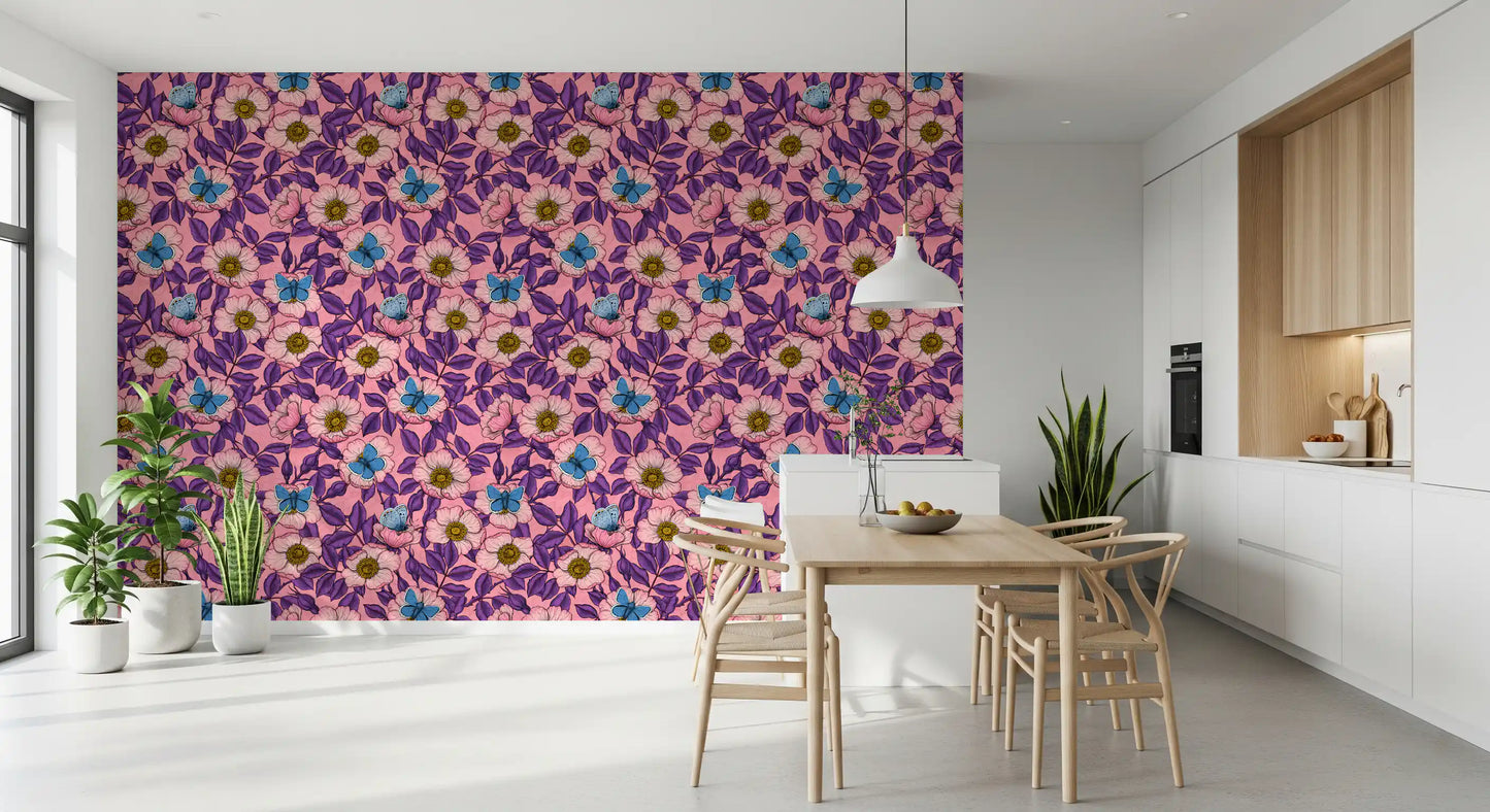 Dog Rose and Butterflies – Pink and Purple Floral Colored Line Art on pink Background Wallpaper⁠