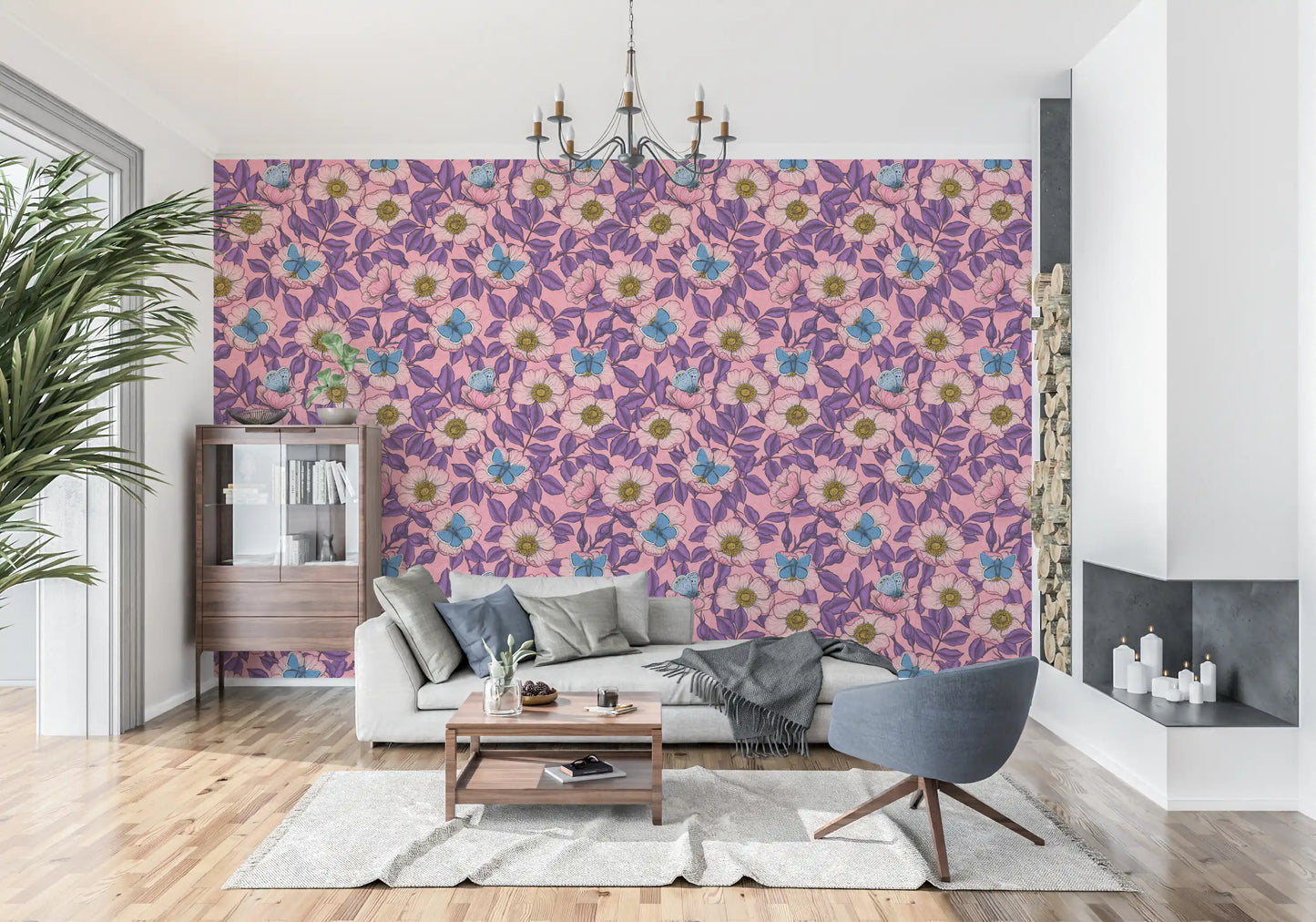 Dog Rose and Butterflies – Pink and Purple Floral Colored Line Art on pink Background Wallpaper⁠