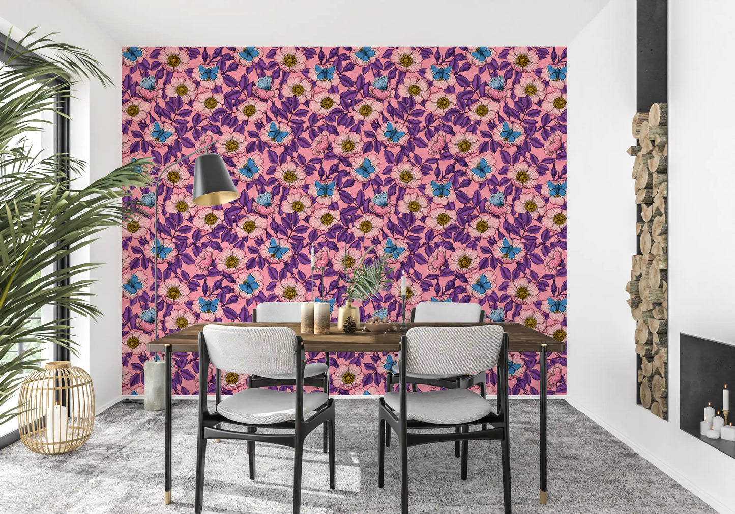 Dog Rose and Butterflies – Pink and Purple Floral Colored Line Art on pink Background Wallpaper⁠